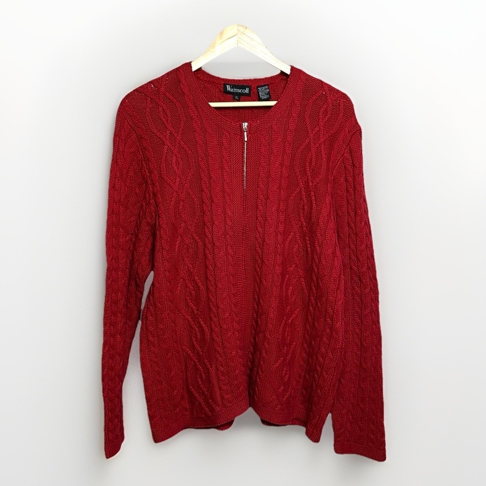 Wamscoll Women's‎ XL Red Cable Knit Cardigan Sweater Full Zip 100% Cotton